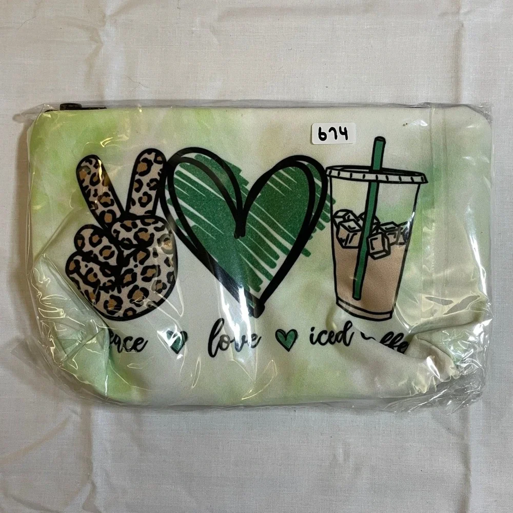 The Pouch Makeup Bag Womens OS Green NWT Peace Love Iced Coffee Tie Dye Leopard